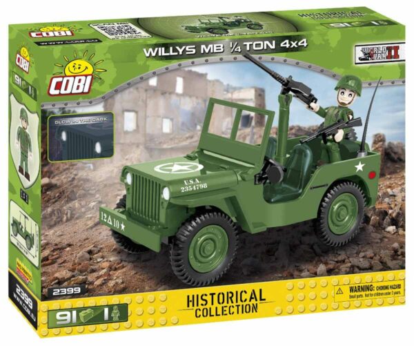 A box containing a classic WWII Willys MB 1/4 Ton 4x4 vehicle.