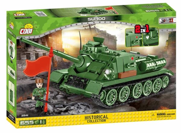 A SU 100 #2541 tank in a box with a red flag.