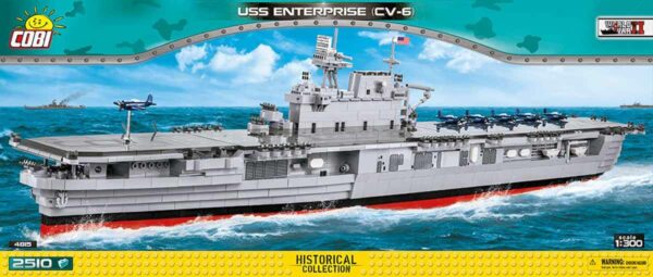 A box containing a model of the USS Enterprise (CV-6) Navy Ship.