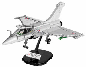 A model of the Rafale C Fighter Aircraft #5802 displayed on a stand.