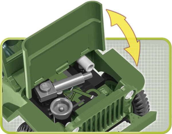 A vintage green WWII Willys MB 1/4 Ton 4x4 #2399 with its engine on display.