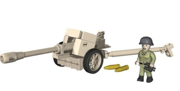 A toy soldier stands near a 7.5 CM PAK 40 Anti Tank Gun #2252.