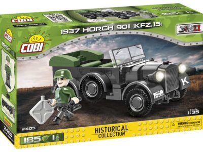 A box with a vintage military vehicle Lego set featuring a 1937 Horch 901 (KFZ.15) #2405 model.