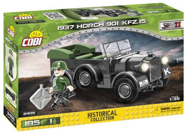 A box with a vintage military vehicle Lego set featuring a 1937 Horch 901 (KFZ.15) #2405 model.