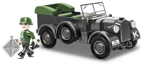 A vintage 1937 Horch 901 (KFZ.15) #2405 is parked adjacent to a military vehicle.