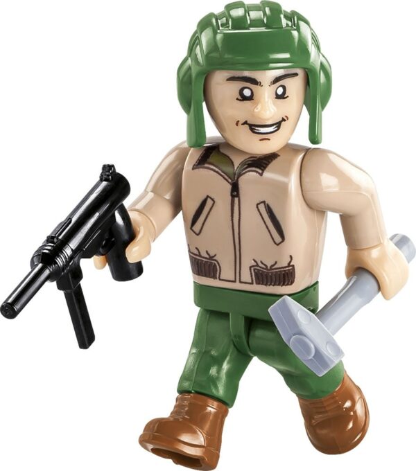 A soldier with a gun is holding a Sherman M4A3E2 "Jumbo" #2550 grenade.