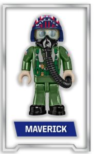 A Lego figure donning the iconic Top Gun F-14 Tomcat #5811-A.