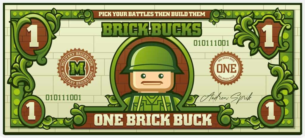 A BrickBucks Reward Program introduces a lego money bill featuring a man in a green shirt.