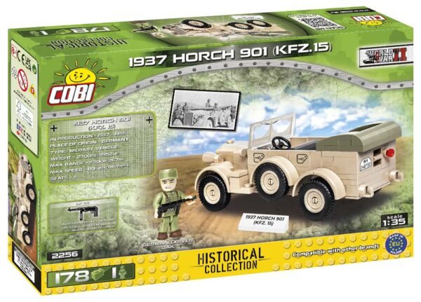 A vintage military vehicle, a 1937 Horch 901 (KFZ 15) in sand color (#2256), is found inside the box.