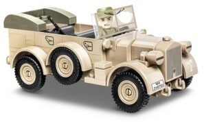 A vintage military vehicle from 1937, the Horch 901 (KFZ 15) (Sand Color) #2256, with a man inside.