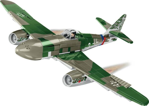 A toy Messerschmitt ME 262A 1A #5721 plane flying on a white background.