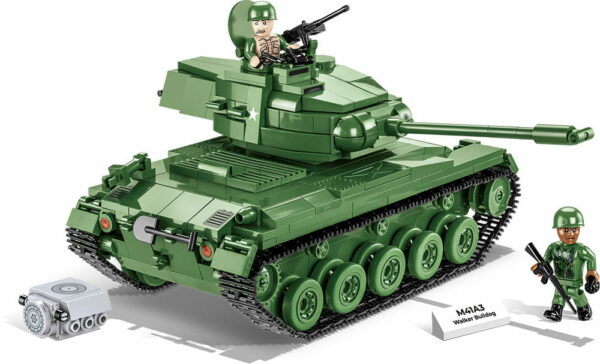 A green M41A3 Walker Bulldog #2239 tank manned by two soldiers and armed with a gun.