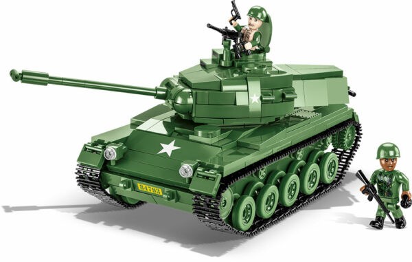 A green M41A3 Walker Bulldog #2239 tank with two soldiers standing next to it.