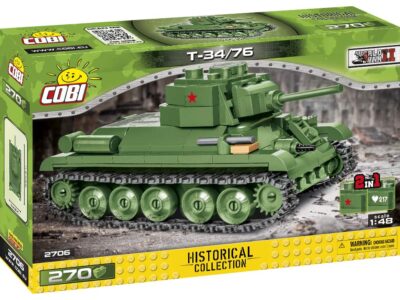 A Lego box containing a T-34-75 tank, scaled at 1:48.
