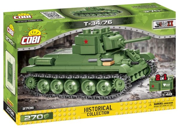 A Lego box containing a T-34-75 tank, scaled at 1:48.