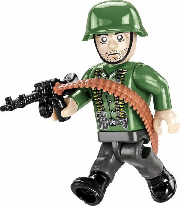 A soldier in a green uniform holding a JAGDPANZER 38 (HETZER) #2558 gun.