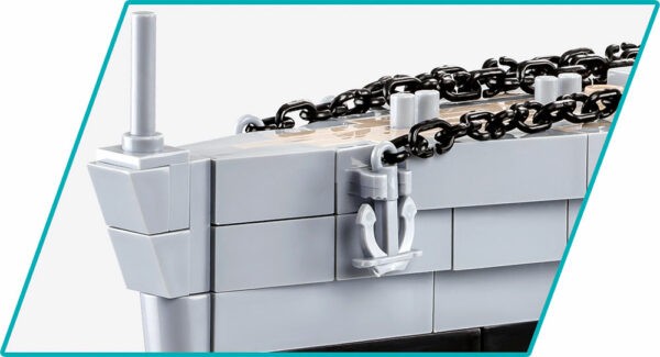 A lego model of the HMS HOOD #4830 with attached chains.