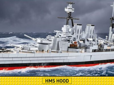 A lego model of the HMS HOOD #4830 battleship in the ocean.