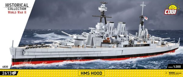 A lego model of the HMS HOOD #4830 battleship in the ocean.