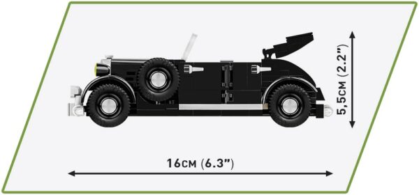 A toy car, De Gaulee's 1936 Horch 830 BL #2261, is displayed with its measurements.