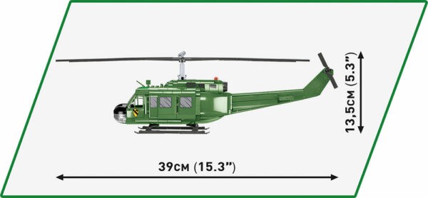 A military helicopter, the Bell UH-1 Huey 650 KL #2423, is shown with measurements.