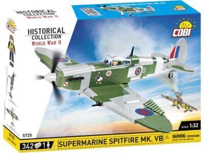 A box of legos featuring the Supermarine Spitfire MK.VB #5725 aircraft.