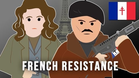 A cartoon image depicting a couple with a firearm standing before the Eiffel Tower, symbolizing the French Resistance during World War II.