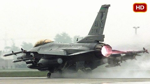 An F-16 Fighting Falcon fighter jet is taking off from the runway during an amazing documentary about Air Warriors.