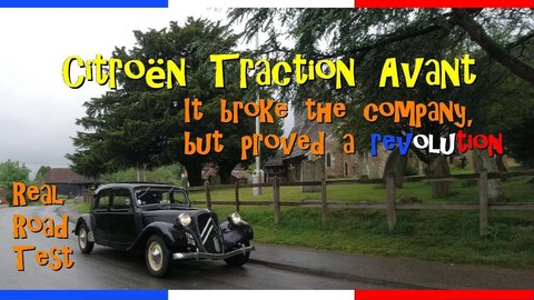 A real road test of a black and white 1951 Citroën Traction Avant.