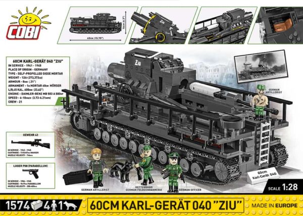 A picture showcasing a 60 cm Karl-Ger?t 040 ZIU #2560 and military weaponry.