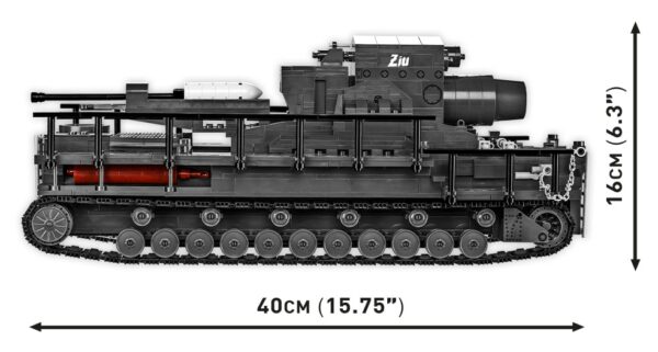 A photograph of a 60 cm Karl-Gerät 040 ZIU #2560 tank showcasing its measurements.