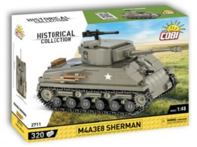 A 1:48 scale model of the M4A3E8 Sherman #2711 tank inside a box.