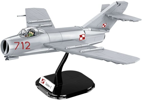 A LIM -1 Polish Air Force 1952 #5822 model fighter jet on a stand.