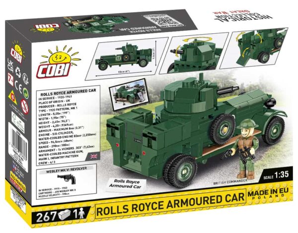 A box containing a toy set featuring a Rolls Royce Armored Car at a scale of 1:35.