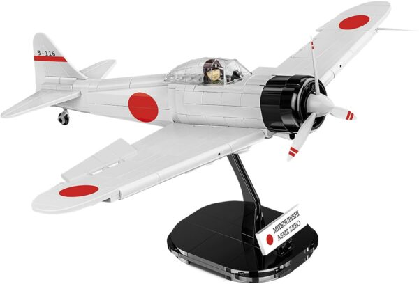 A Cobi Zero model of the Mitsubishi A6M2 "Zero-Sen" #5729 on a stand.