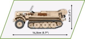 A Lego model of a Sd.Kfz 10 Demag D7 #2273 military vehicle showcased with measurements.