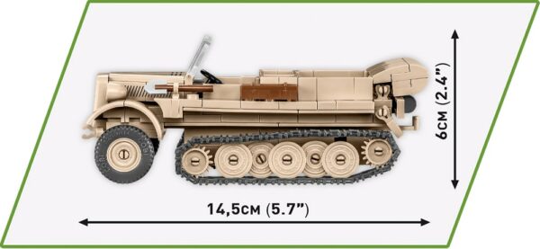 A Lego model of a Sd.Kfz 10 Demag D7 #2273 military vehicle showcased with measurements.