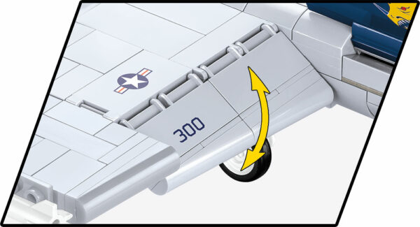 A LEGO model of the F/A-18C Hornet #5810 fighter jet with an arrow pointing to it.