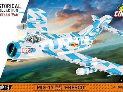 A blue and white MiG-17 identified as NATO Code "Fresco" (N. Vietnam) #2424.