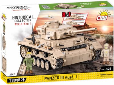 A box of legos featuring a Panzer III AUSF.J tank and Field Workshop #2562.