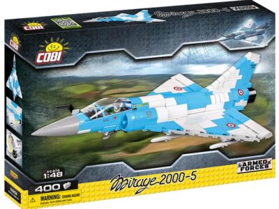 A blue and white Mirage 2000-5 #5801 fighter jet displayed in a box.