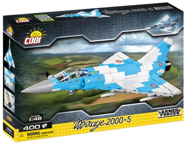 A blue and white Mirage 2000-5 #5801 fighter jet displayed in a box.