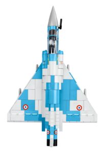 A Lego model fighter jet reminiscent of the Mirage 2000-5 #5801, featuring blue and white color scheme.