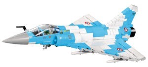 A Mirage 2000-5 #5801 lego model fighter jet in blue and white.