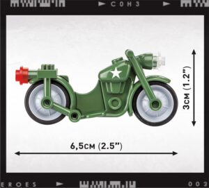 A green C.O.H.3 US Air Support Center #3042 motorcycle is shown with measurements.