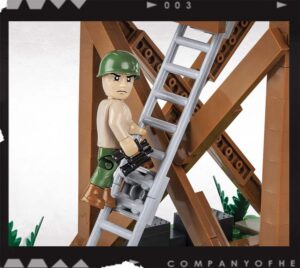 A soldier from C.O.H.3 US Air Support Center #3042 is climbing a ladder.