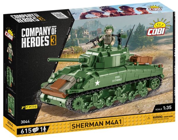 Box containing a green tank, specifically the C.O.H.3 Sherman M4A1 #3044 model.