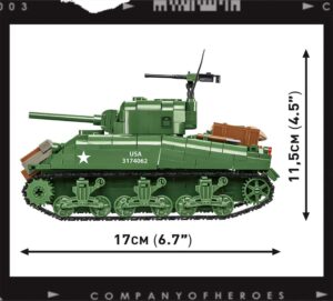 A green C.O.H.3 Sherman M4A1 #3044 tank is showcased with measurements.