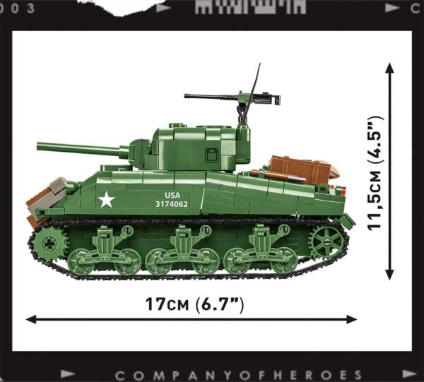 A green C.O.H.3 Sherman M4A1 #3044 tank is showcased with measurements.