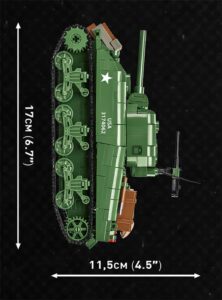 A green Sherman M4A1 #3044 tank is shown with measurements.
